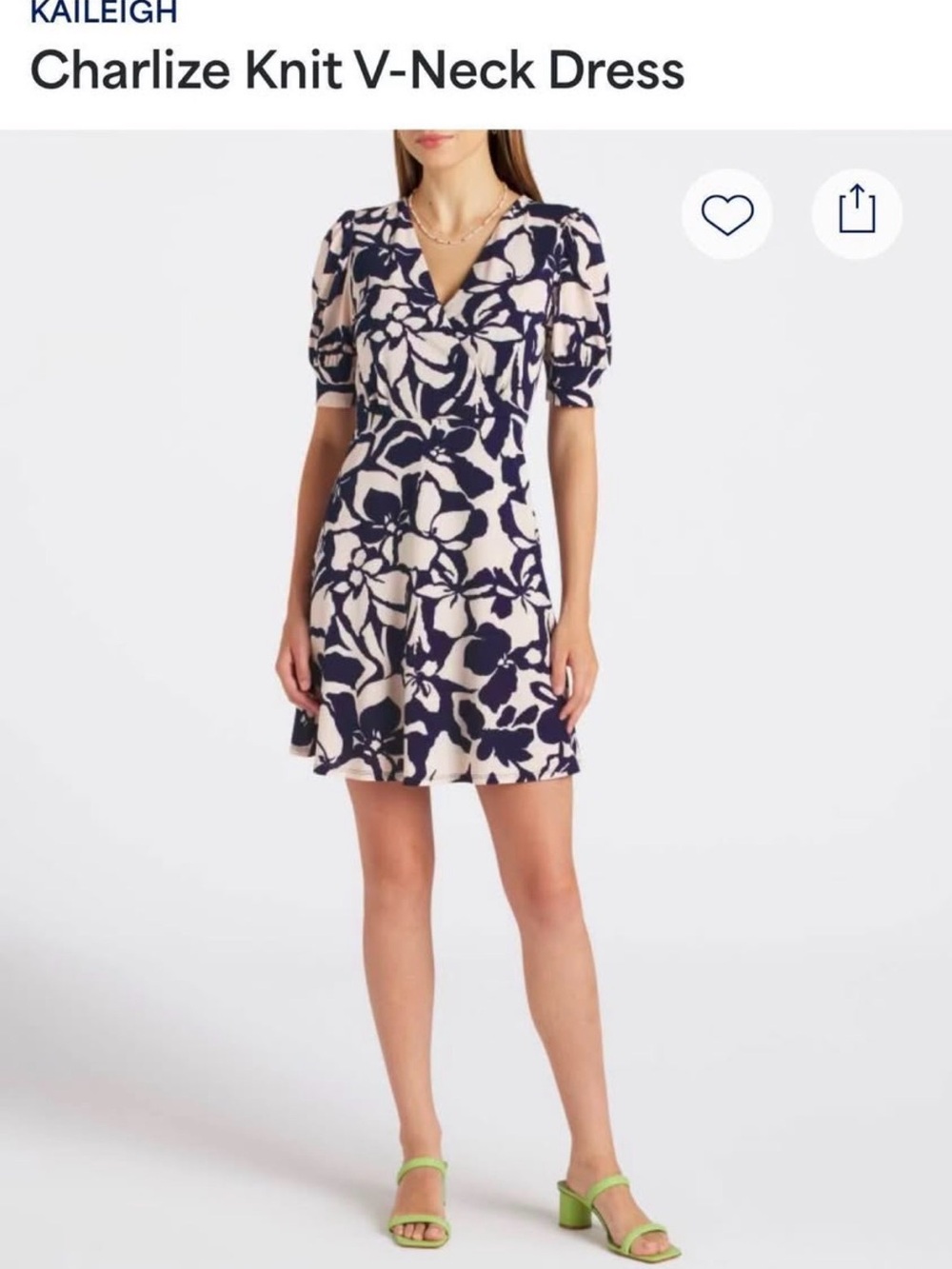 Kaileigh Floral V-Neck Puff Sleeve Dress in Navy & light pink